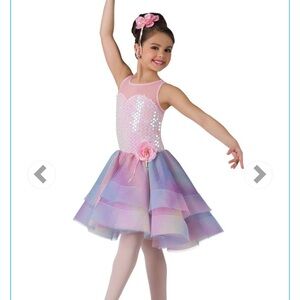 Pastel Pink Sequin Girls Dance Dress with Layered Rainbow Skirt